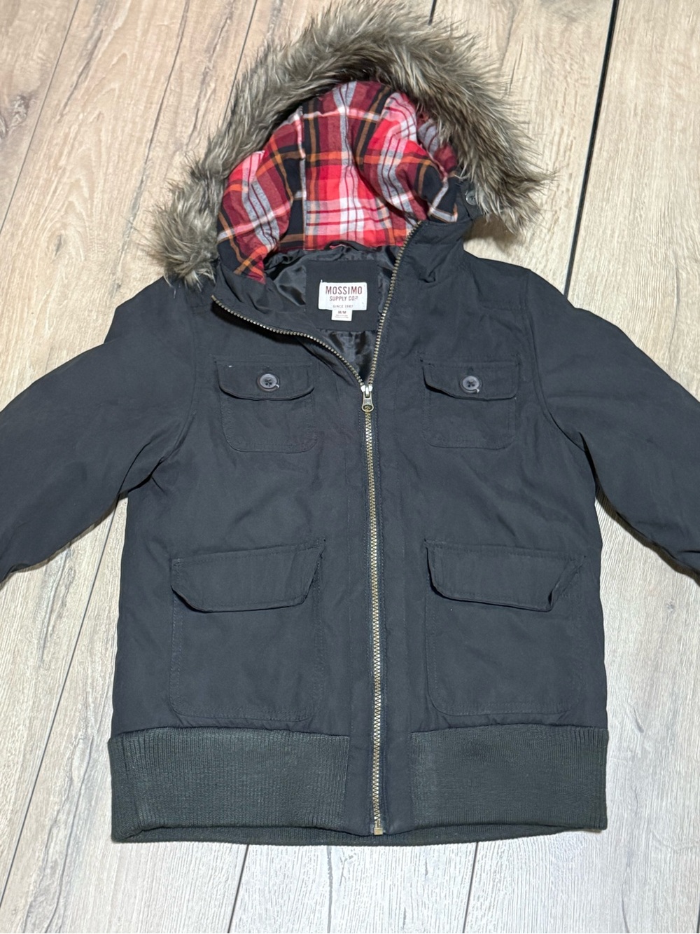 Mossimo Supply Co Black Faux Fur Hood Plaid Lined Utility Bomber Jacket Medium - Picture 9 of 14
